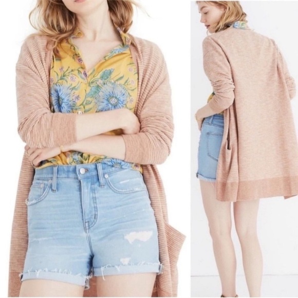 Madewell Sweaters - Madewell MEDIUM Summer Ryder Stripe Cardigan Blush Stripe Long Orange Pink